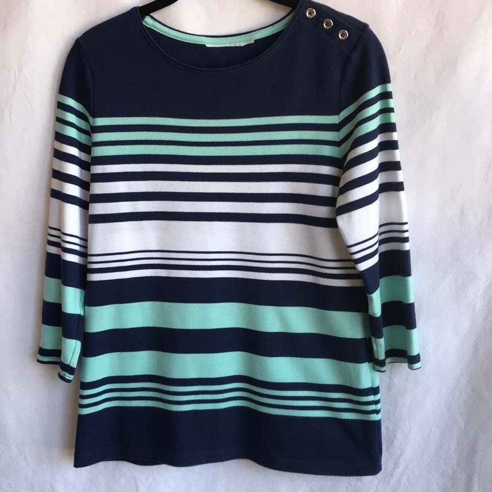Navy/white/pale aqua striped top